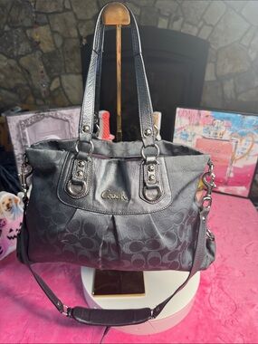Coach Charcoal Jacquard Metallic Satchel Purple Lining Excellent Condition